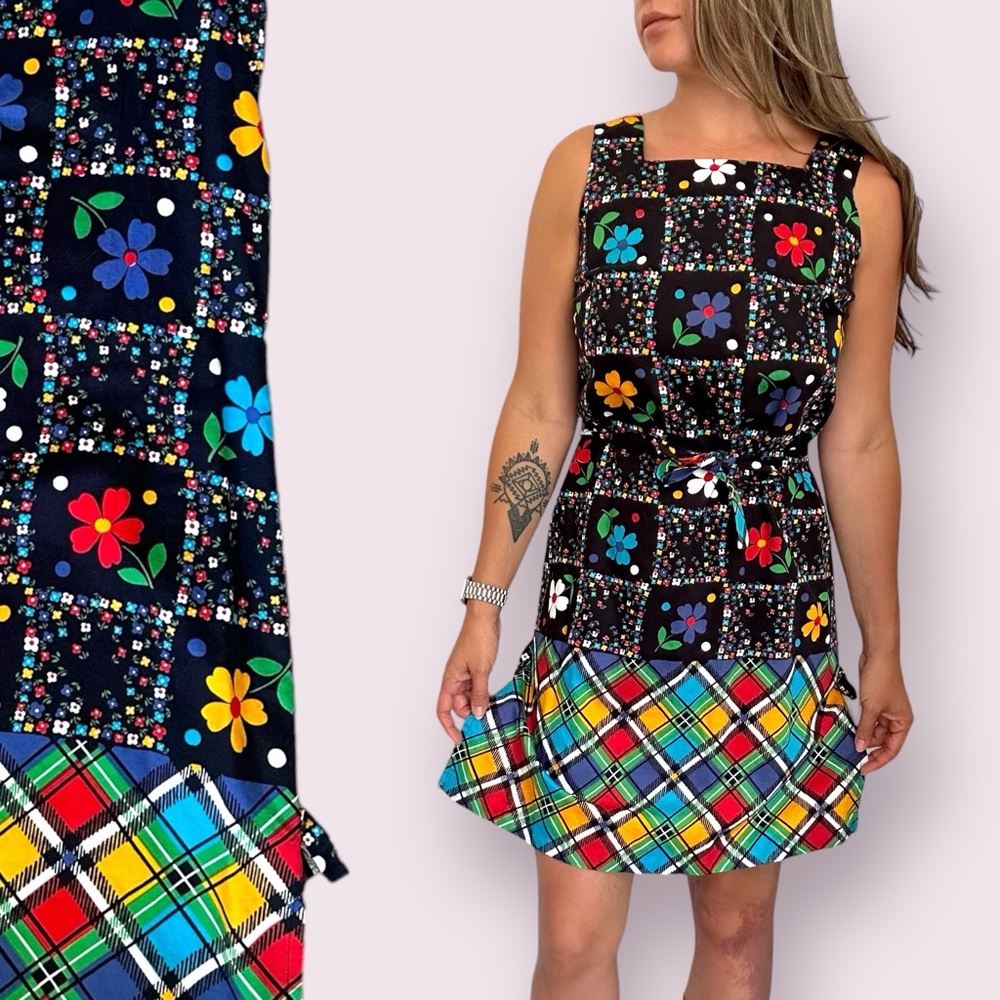 Vintage Floral Cotton Shift Dress Argyle Groovy Mod